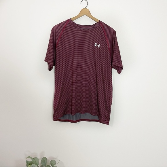[Under Armour] Men's Burgundy Red & Gray Striped Breathable Short Sleeve T-shirt - Picture 1 of 6